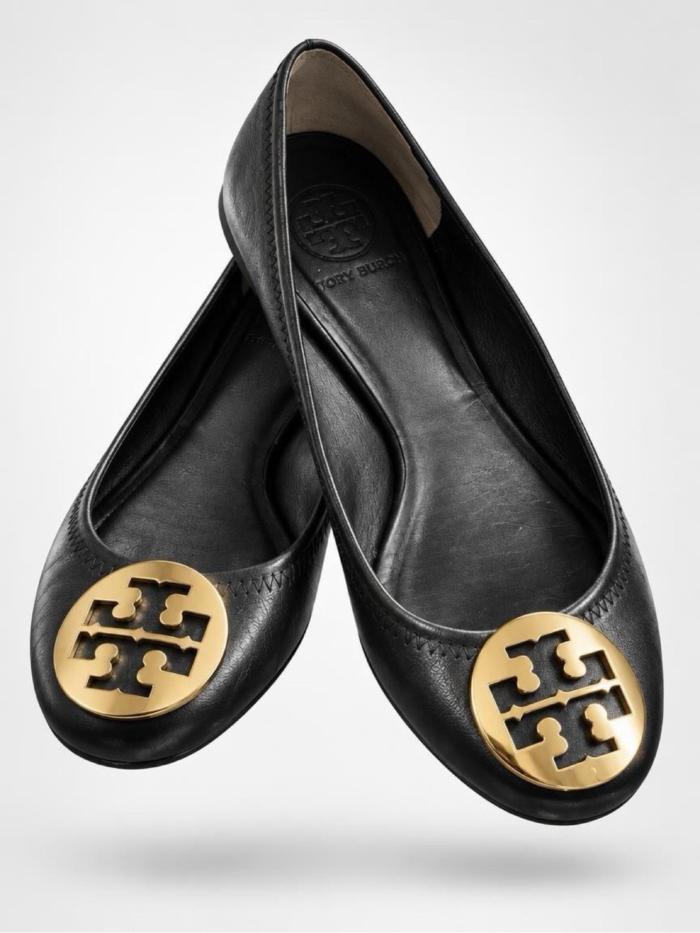 Tory Burch Reva Black Leather Gold Logo Ballet Flats Size 8.5